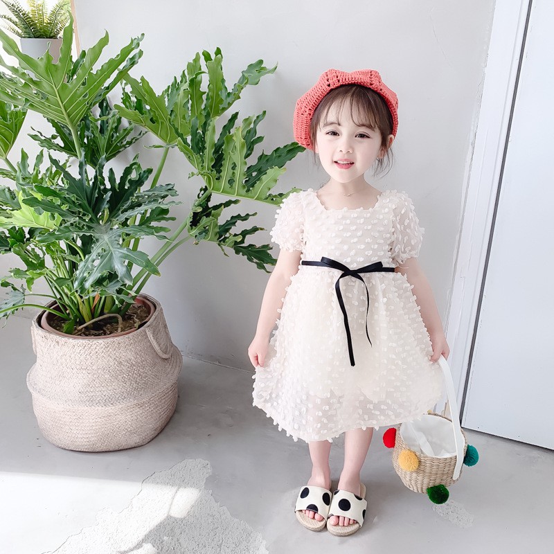 Váy đầm bé gái công chúa hạt bông màu kem