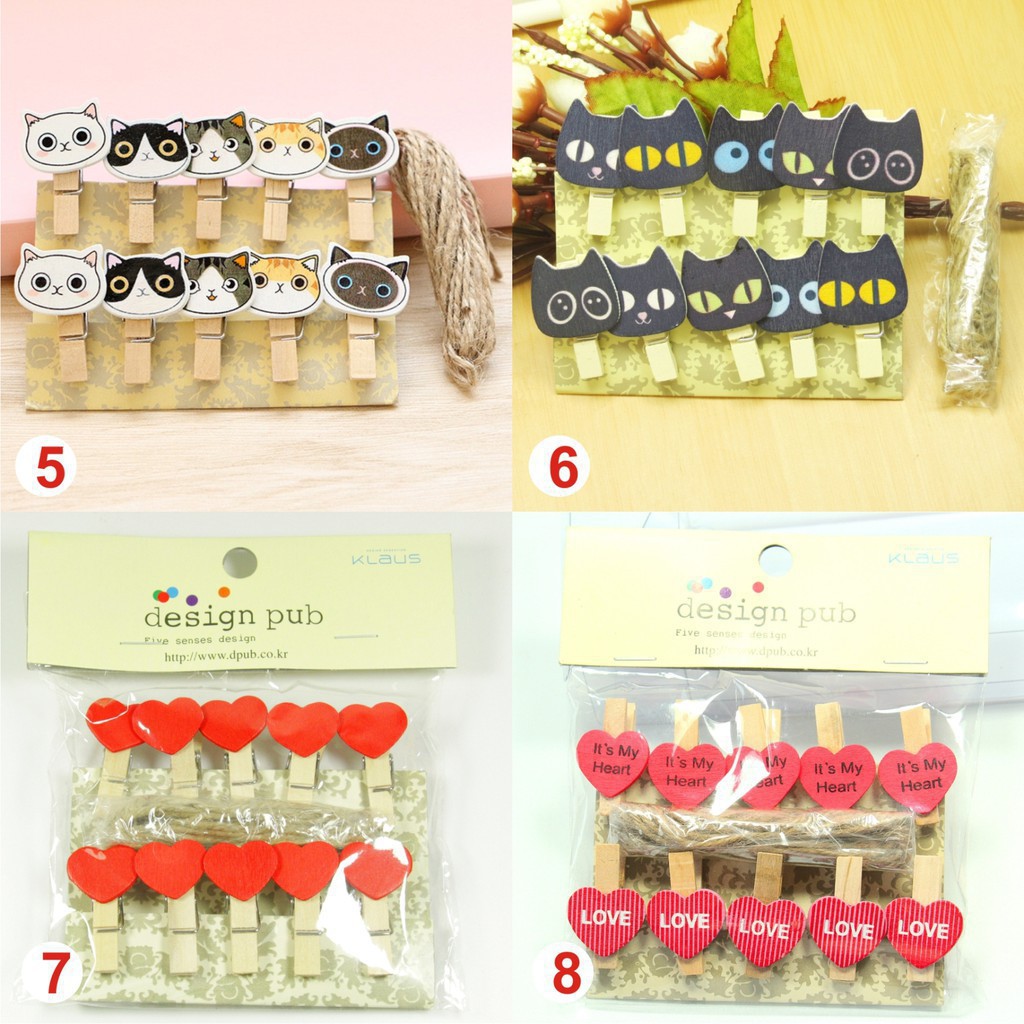 BỘ 10 KẸP GỖ HÌNH VÀ 2M DÂY THỪNG TREO ẢNH