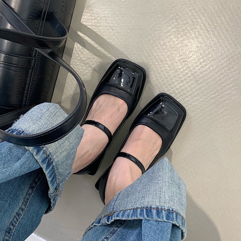 Giày Da Gót Dày Phối Khóa Cài Phong Cách Retro Pháp Thời Trang Xuân Thu Cho Nữ