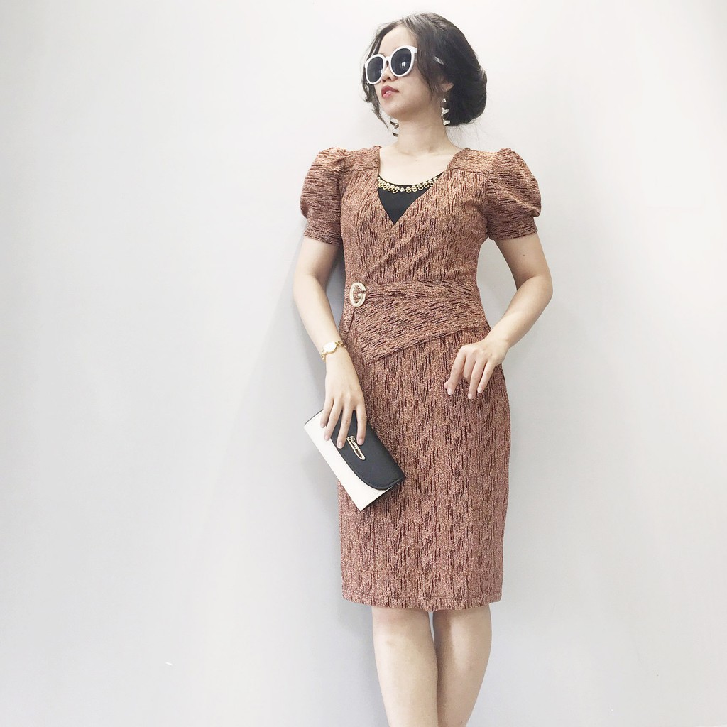 Đầm trung niên dáng ôm tay phồng, váy trung niên dáng peplum dự tiệc MS79 | BigBuy360 - bigbuy360.vn