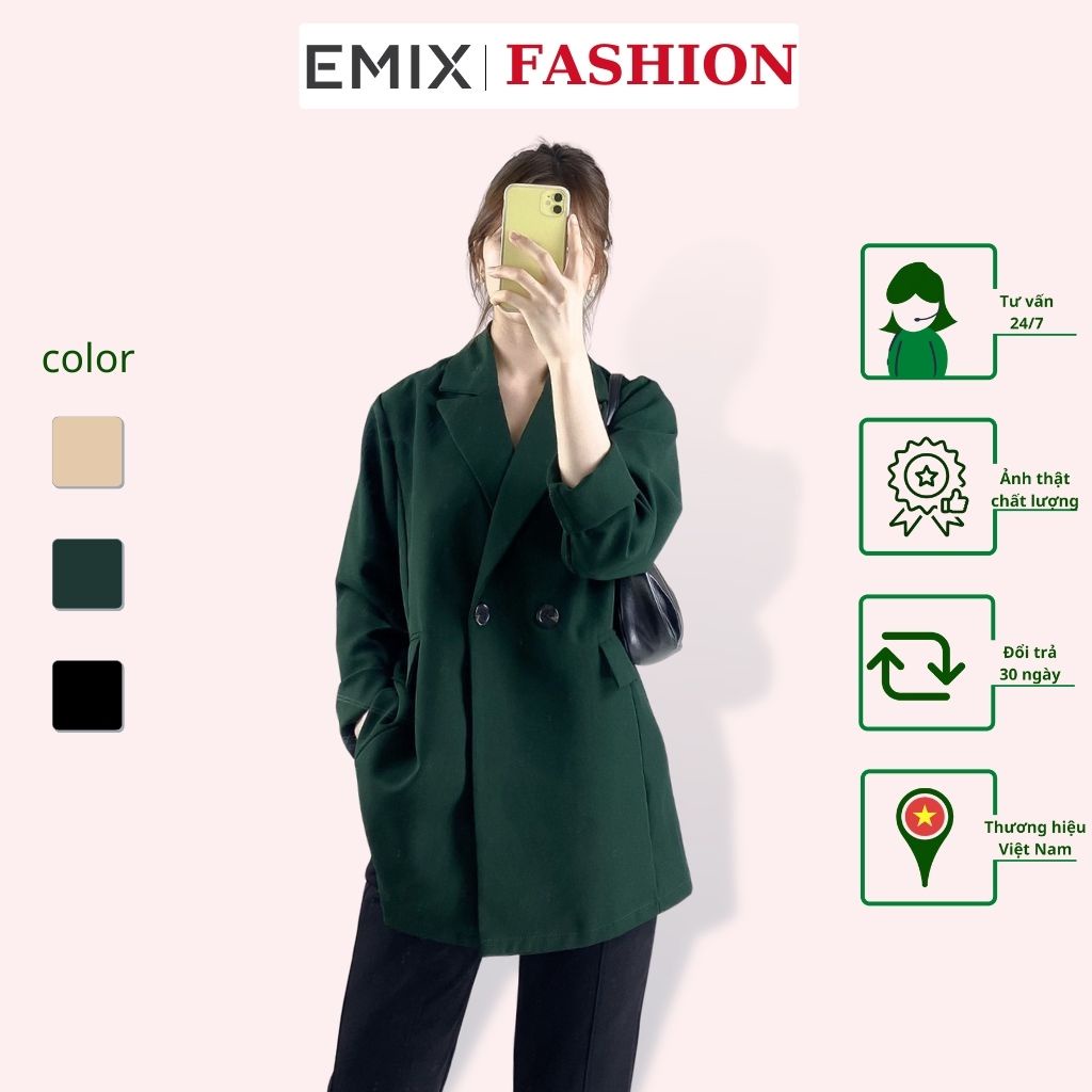 Áo khoác công sở nữ EMIX (2 màu), blazer, dáng dài, dài tay, form rộng, cổ vest, 2 cúc, có túi, chất trượt Hàn 6082