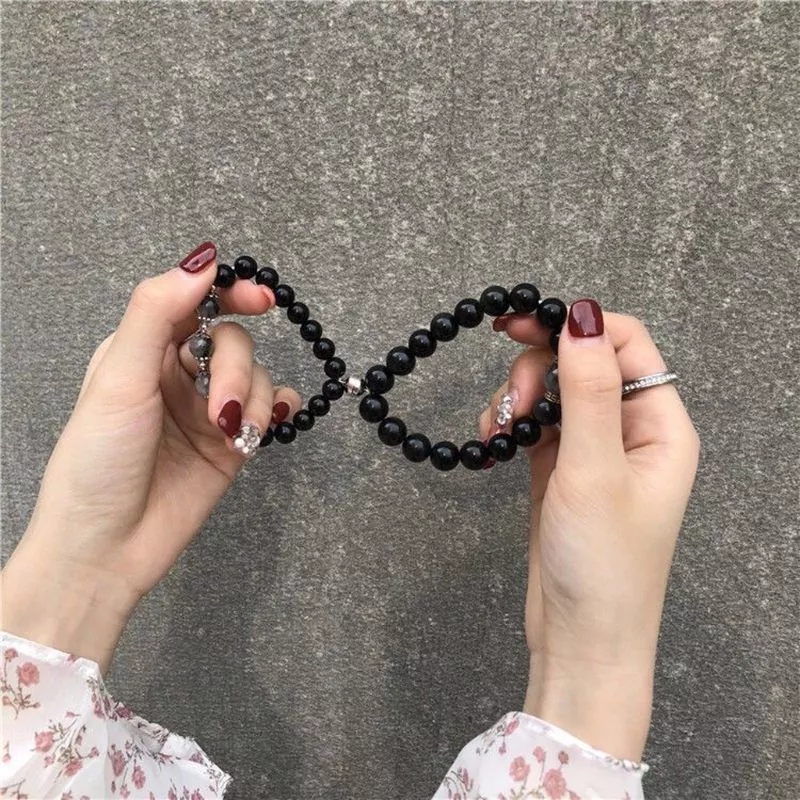 Cặp vòng tay dây đá obsidian nhân tạo điều chỉnh được mặt từ tính dành cho cặp đôi