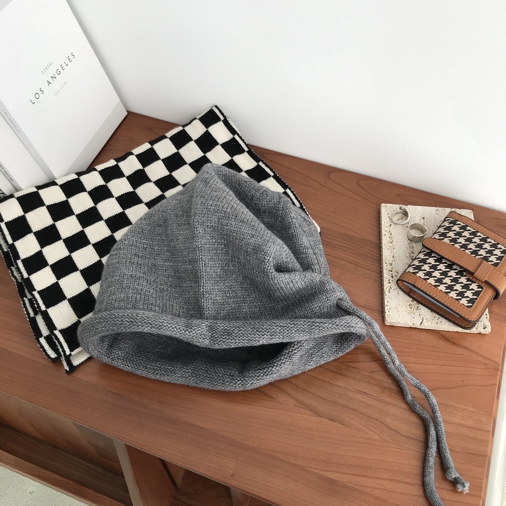 Mũ Len Dệt Kim Màu Trơn Cột Dây Thời Trang Vintage Hàn Quốc Cho Nữ