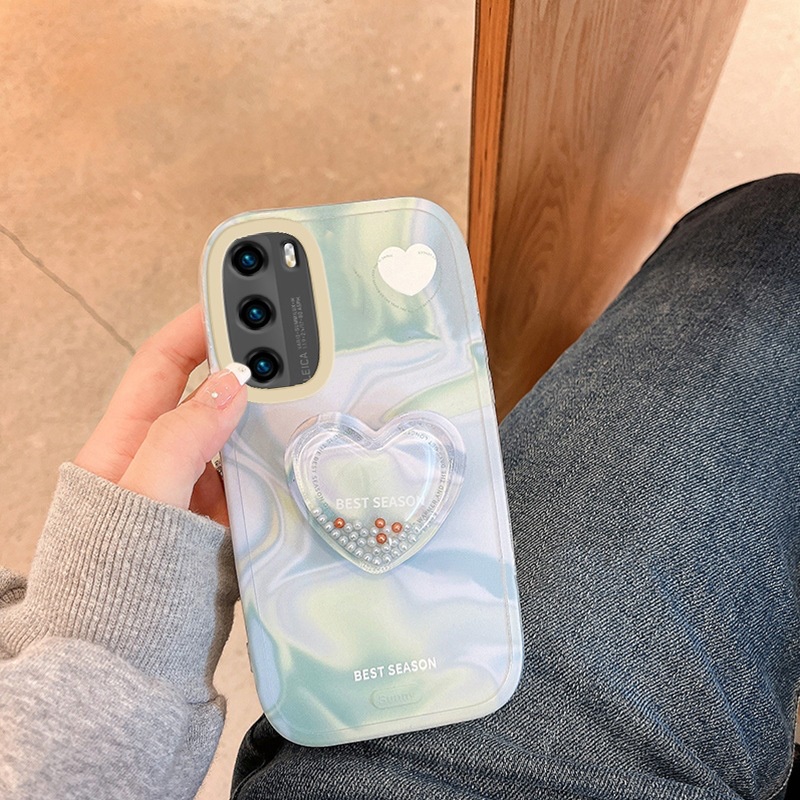 Ốp điện thoại màu xanh lá loang có giá đỡ hình trái tim kiểu Nhật Hàn cho iPhone 12 13 11promax X XR