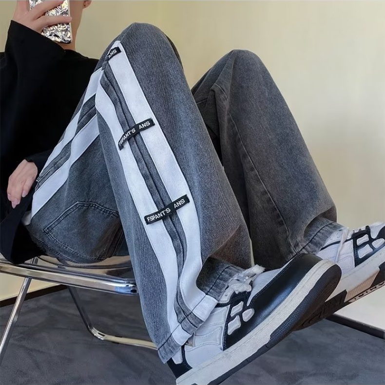 Quần Jean Nam Dài Ống Rộng Họa Tiết Kẻ Sọc Thời Trang Hàn Quốc Cho Nam Và Nữ Quần Jean Sọc Dây Rút Nam