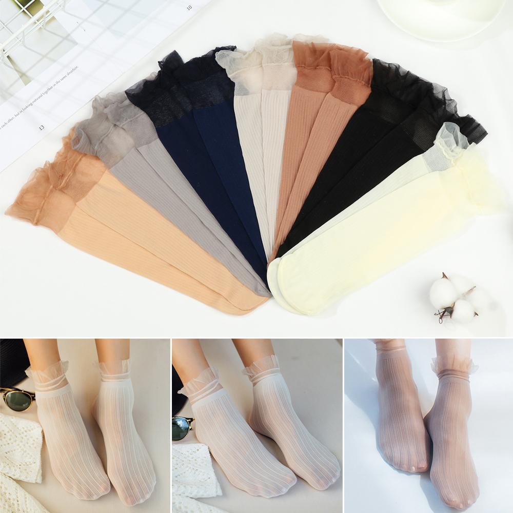 Vớ Lụa Thủy Tinh Quyến Rũ Thời Trang Mùa Hè|Tất Ren Trơn Màu Xinh Xắn Dành Cho Nữ