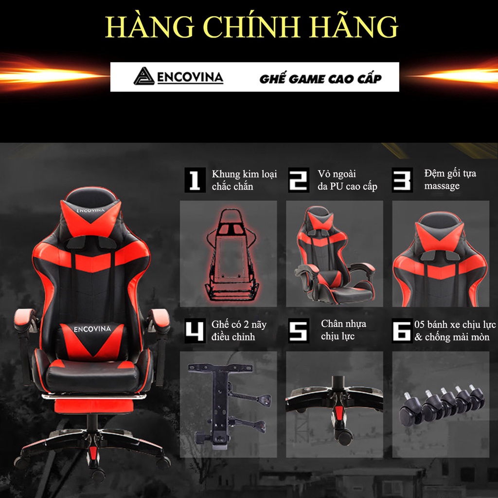 Ghế Gaming - Ghế Chơi Game Dày Dặn, Nâng hạ, ngả lưng - Gác Chân + Gối Massage Ngả Lưng Thoải Mái - Chính Hãng BH 1 Năm