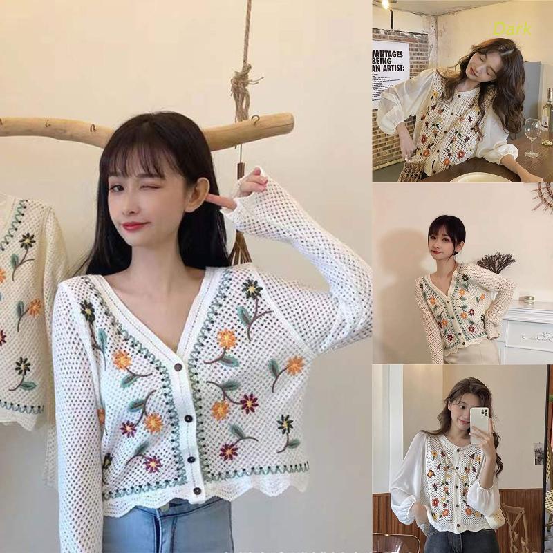 Áo Cardigan Dệt Kim Tay Dài Cổ Chữ V Thêu Họa Tiết Hoa Xinh Xắn Thời Trang Cho Nữ