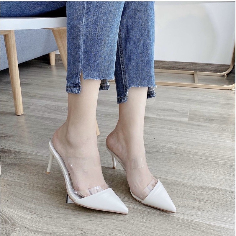 Giày sục cao gót 7cm zaza quai trong mũi nhọn màu trắng