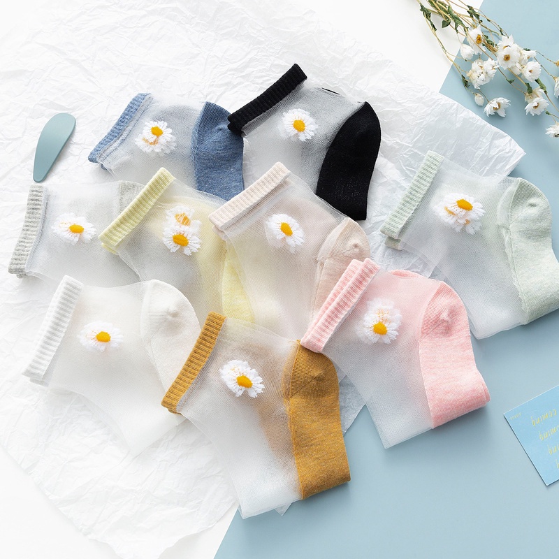 Set 10 Đôi Vớ Trong Suốt Siêu Mỏng Họa Tiết Hoa Cúc Phong Cách Hàn Quốc Cho Nữ