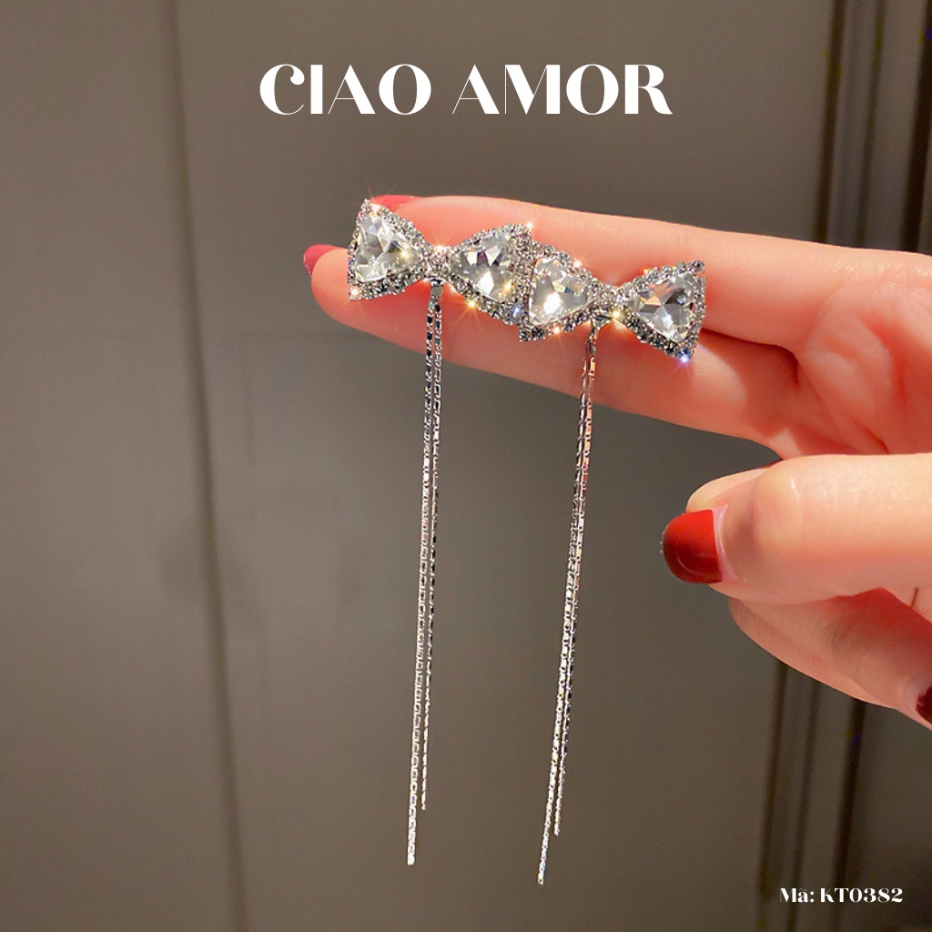 Khuyên tai nữ, Bông tai nữ bạc 925 nơ bạc đính đá to dây xuống sang trọng lấp lánh Trang sức Ciao Amor - KT0382