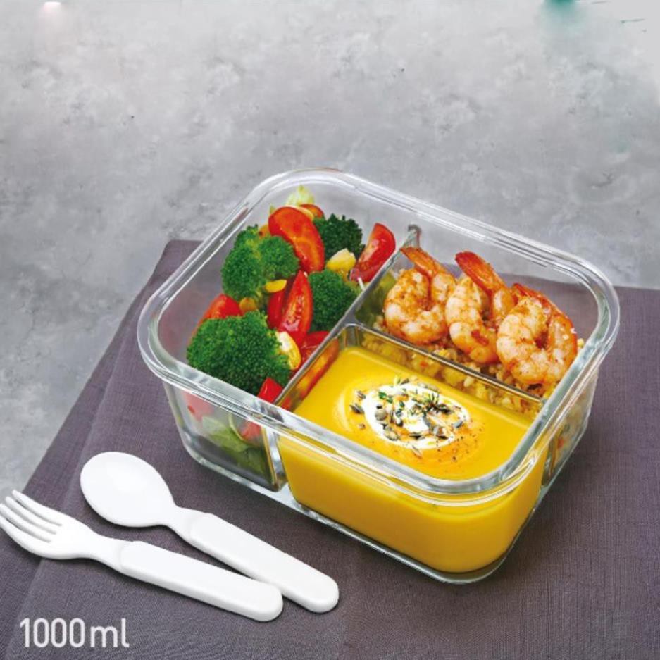 Hộp Thuỷ Tinh 3 Ngăn 1000ml Quay Lò Vi Sóng