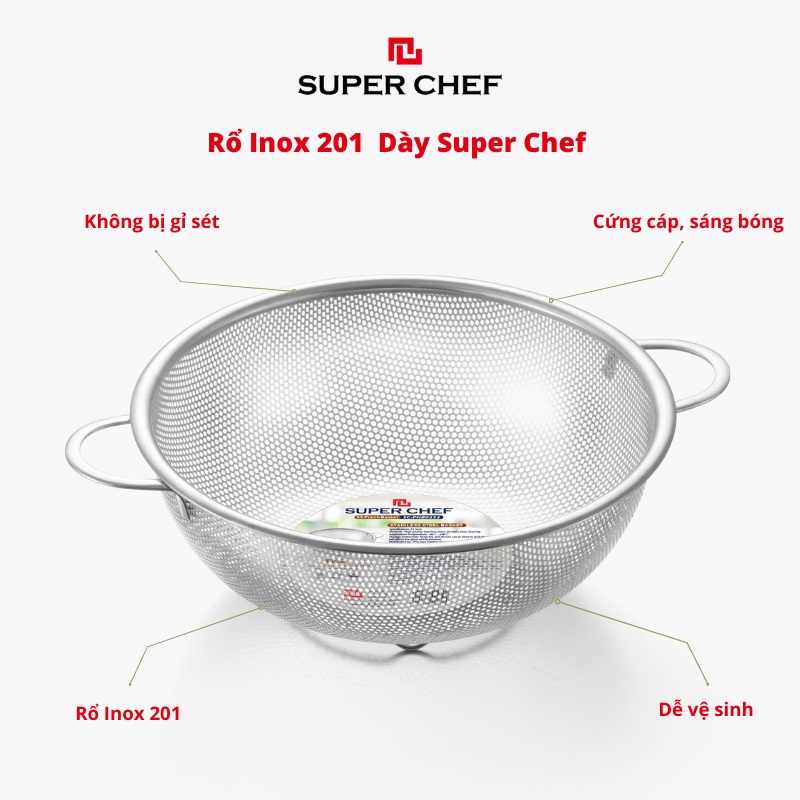 [Mã BMBAU50 giảm 7% đơn 99K] Rổ Inox 201 Dày Super Chef Không Gỉ Sét, Sáng Bóng Siêu Bền Bỉ