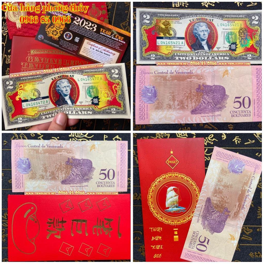COMBO 2 món gồm tờ 2 USD In Hình Con mèo Mạ và.ng và tờ con mèo Venezuela Mừng Năm Quý Mão 2023