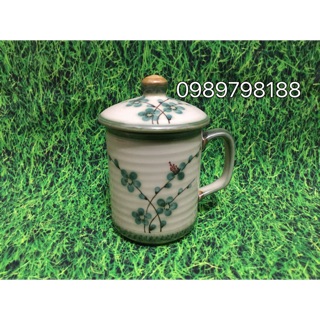 Cốc sứ Bát Tràng có nắp vẽ hoa tầm xuân xanh 
