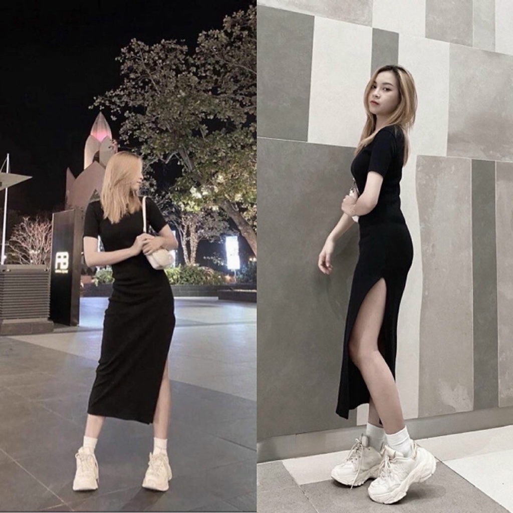 Váy Body Màu Đen Dáng Dài Xẻ Tà Ulzzang Hàn Quốc
