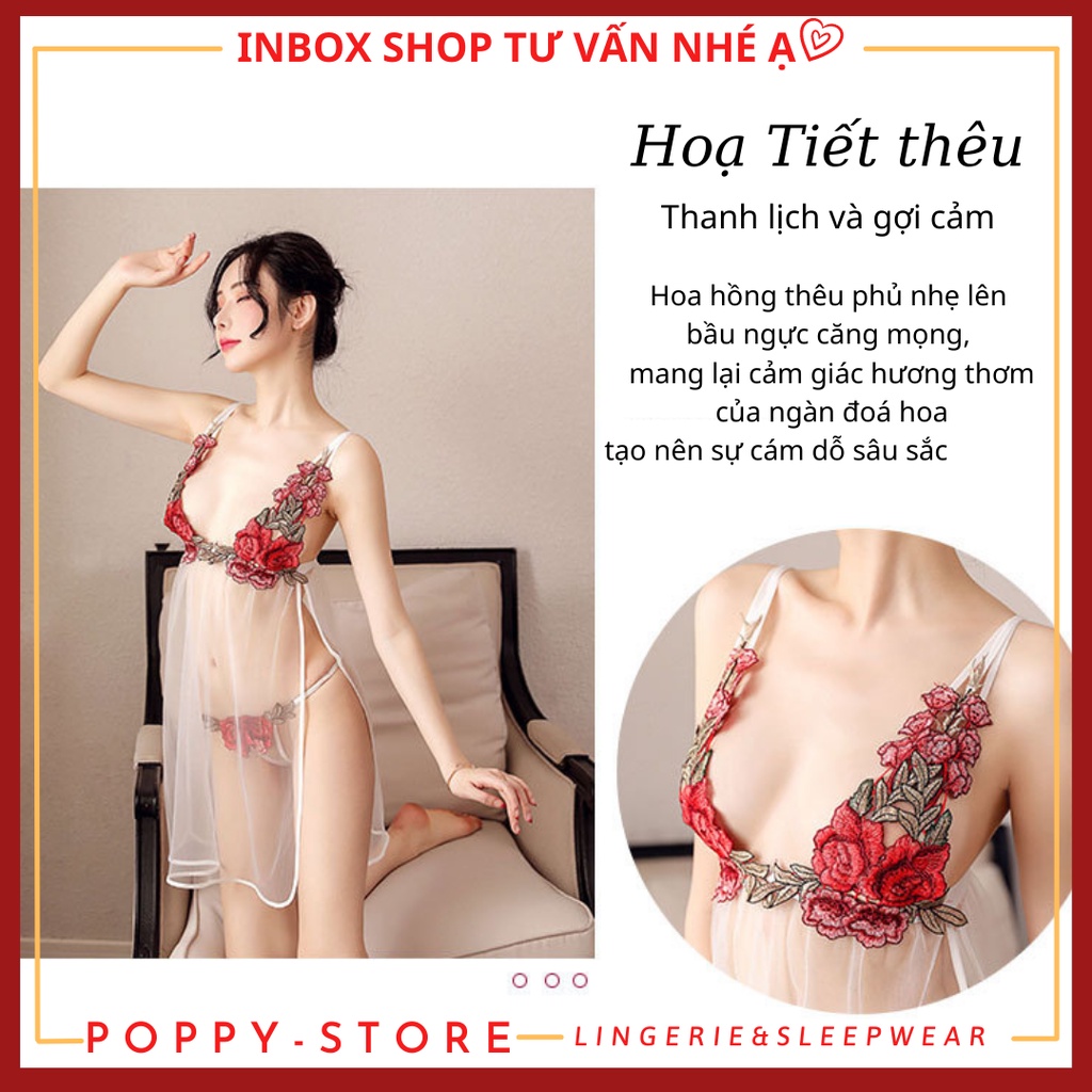 Đầm ngủ sexy ren cao cấp ngực áo phối hoa thêu ngọt ngào và gợi cảm, tặng kèm quần lót , đồ ngủ cosplay yếm tàu sườn xám