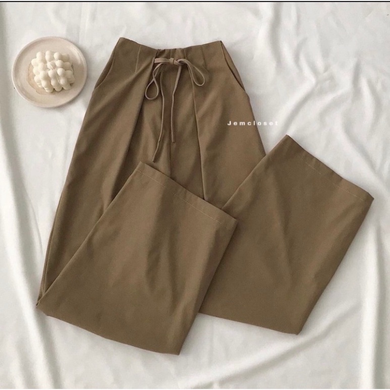 Quần ống rộng suông nữ dây rút lưng thun vải kaki nhiều màu trẻ trung nội y xanh chất đẹp mầu trắng đen