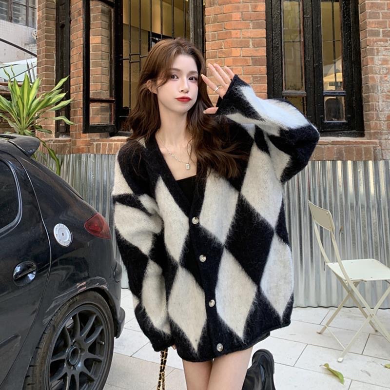 Áo len Cardigan nữ form rộng hình quả trám chất dày dặn- áo len big size