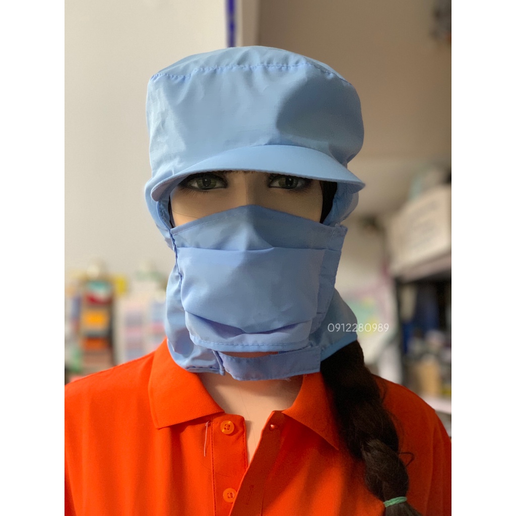 Nón kết trùm có khẩu trang vải silk mịn mát dùng trong ngành thực phẩm, thủy sản _ Hình chụp thật