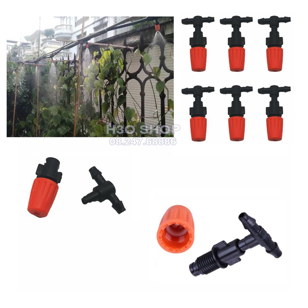 Béc phun sương cam kèm tê nối ống 6mm, béc tưới cây, làm mát không khí