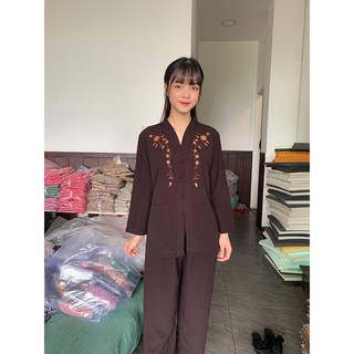 áo lam đi chùa, thời trang đi chùa, đồ cho người trung niên, cổ bà lai thêu sen