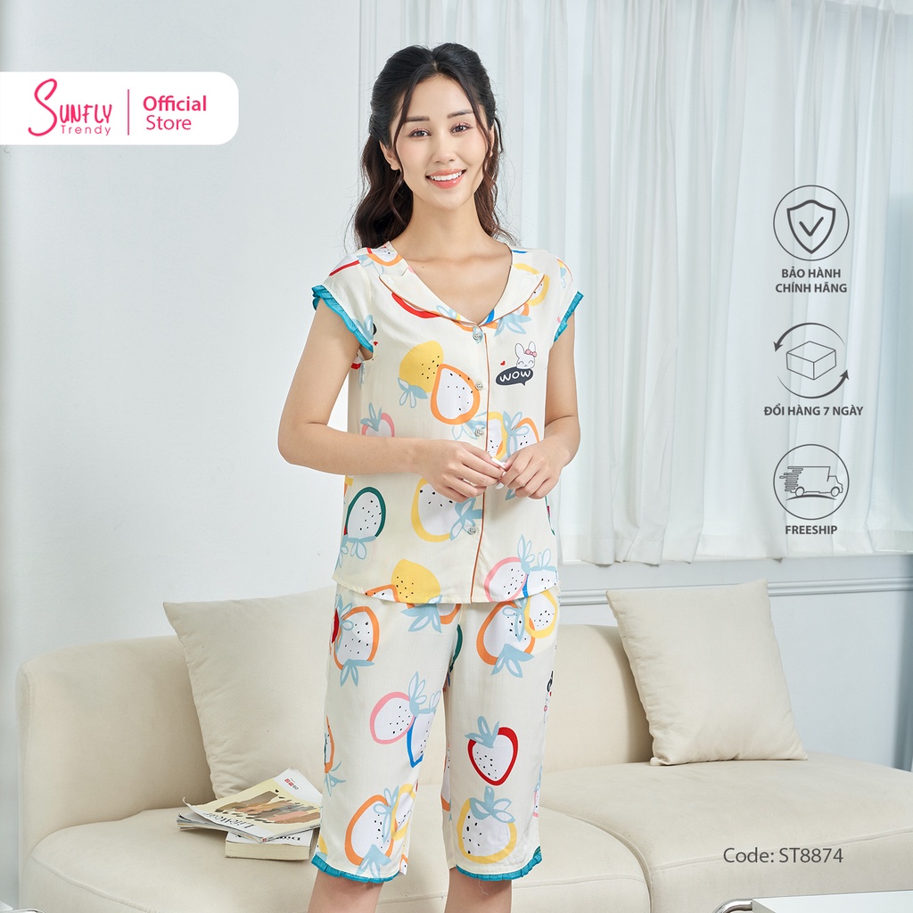 Bộ Đồ Mặc Nhà Nữ Pyjamas Lanh SUNFLY Áo Tay Hến Quần Trên Gối ST8874