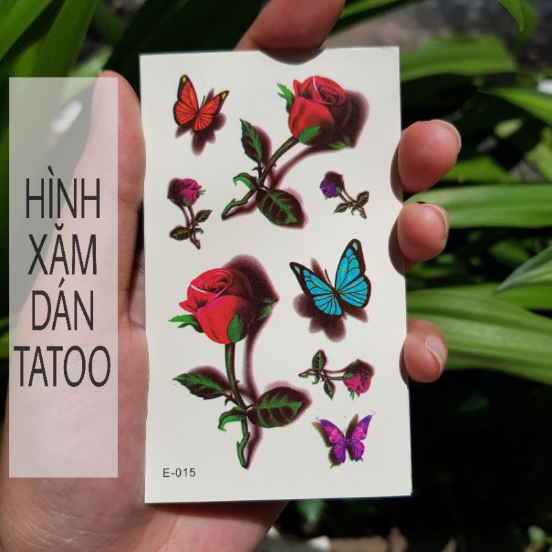 Hình xăm hoa hồng + bướm 3d e15. Xăm dán tatoo mini tạm thời, size &lt;10x6cm