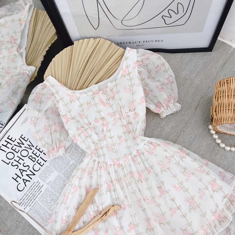 ĐẦM HOA HỒNG TAY BO BBD TẦNG BÈO