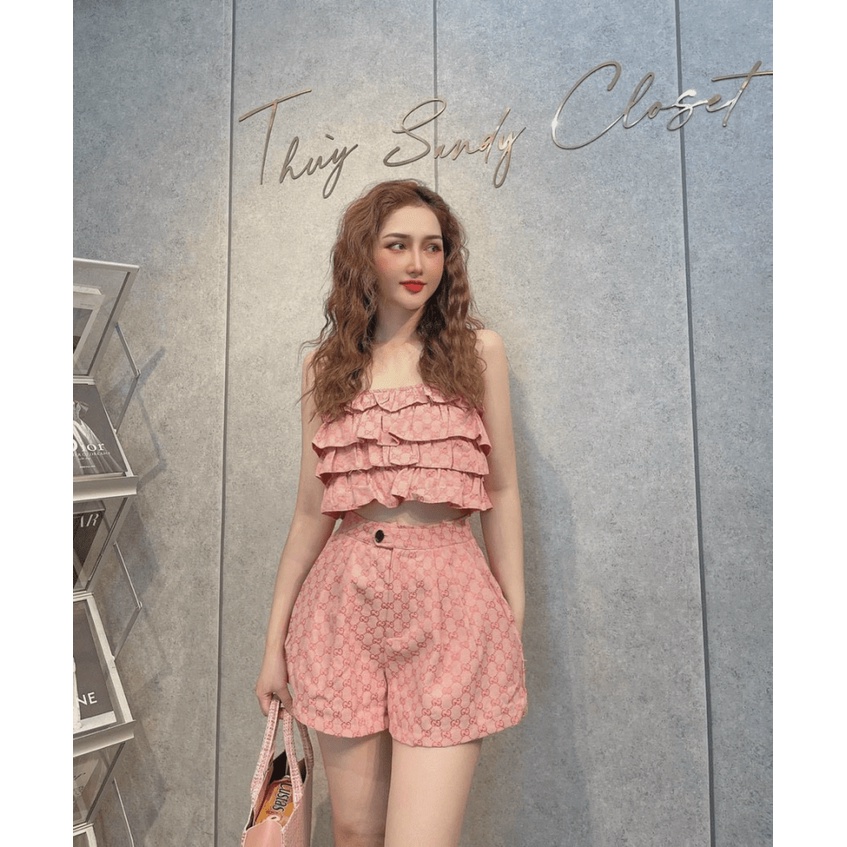 Sét Bộ Đi Chơi 2 Món Áo Tầng Bèo 2 Dây Bản To Kết Hợp Quần Đùi Ống Rộng Chất Kaki Phối Khóa Màu Đồng Hot Trend NEW UNISE