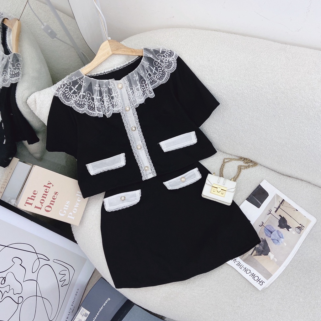 SET ÁO ĐEN CỔ REN HOA HÀNG NÚT + CHÂN VÁY LÓT QUẦN VIỀN TRẮNG