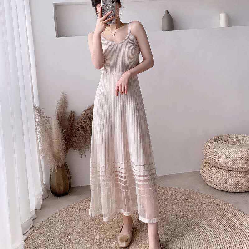Summer new style mesh splicing ice silk suspender A-line slim and fashionable wear outside and bottom knitted skirt | BigBuy360 - bigbuy360.vn