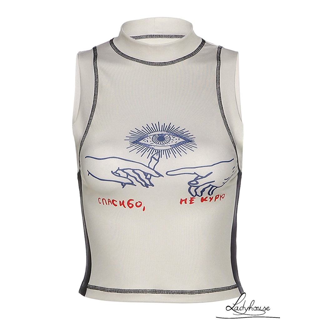 Áo Tank Top Cổ Cao Không Tay In Họa Tiết Phong Cách Đường Phố Dành Cho Nữ