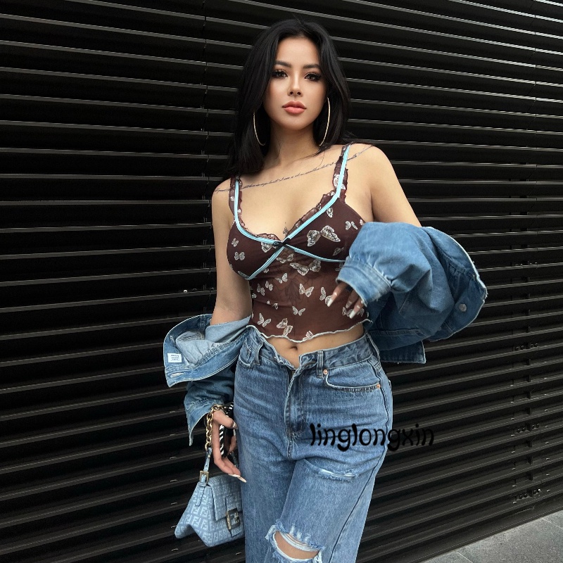 ★JQ✮y2k Butterfly Mesh Sheer Camis See Through Crop Top Women Ruffles Cute Mini Tanks