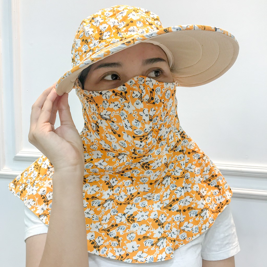 Nón mũ vành rộng khẩu trang chống nắng vải cotton cố định bằng miếng dán