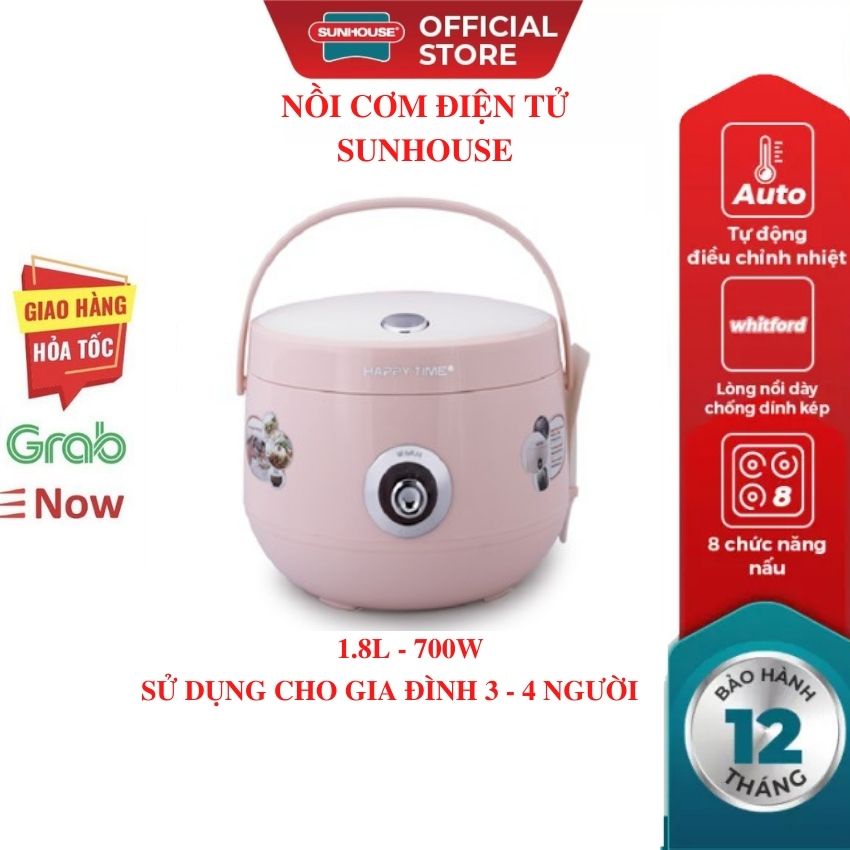 Nồi cơm điện SUNHOUSE Happytime HTD8521P-2022 1.8 Lít có 3 màu lòng nồi chống dính siêu bền giữ nhiệt tốt nấu cơm nhanh