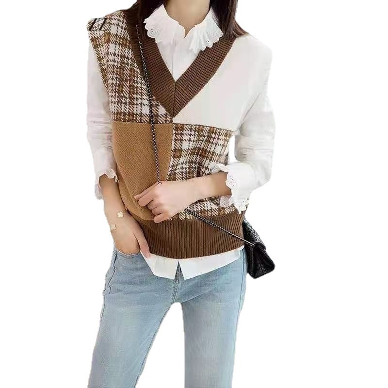 Áo len NZN không tay dáng rộng cổ chữ V họa tiết sọc caro 2 màu phong cách retro độc đáo