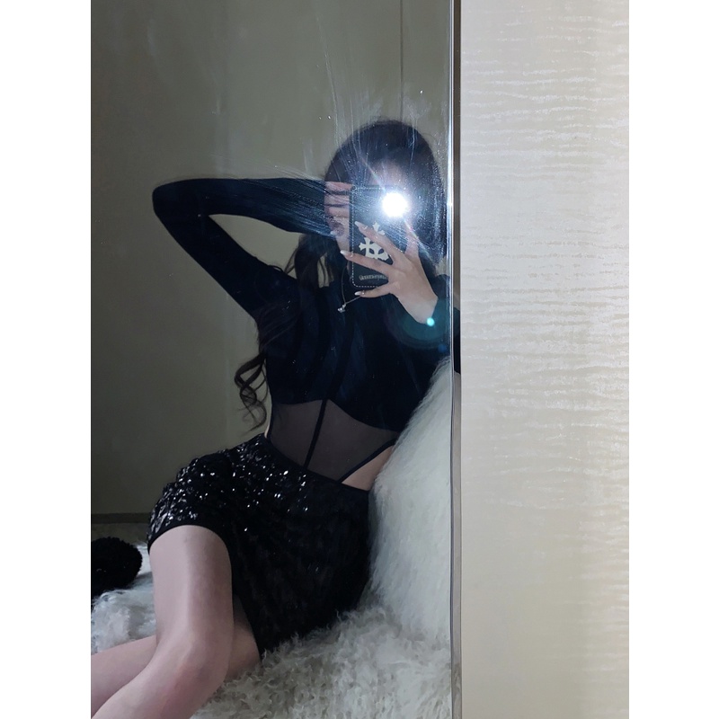 Áo Dệt Kim Tay Dài/Chân Váy Lưng Cao Đính Kim Sa Quyến Rũ Thời Trang Cho Nữ