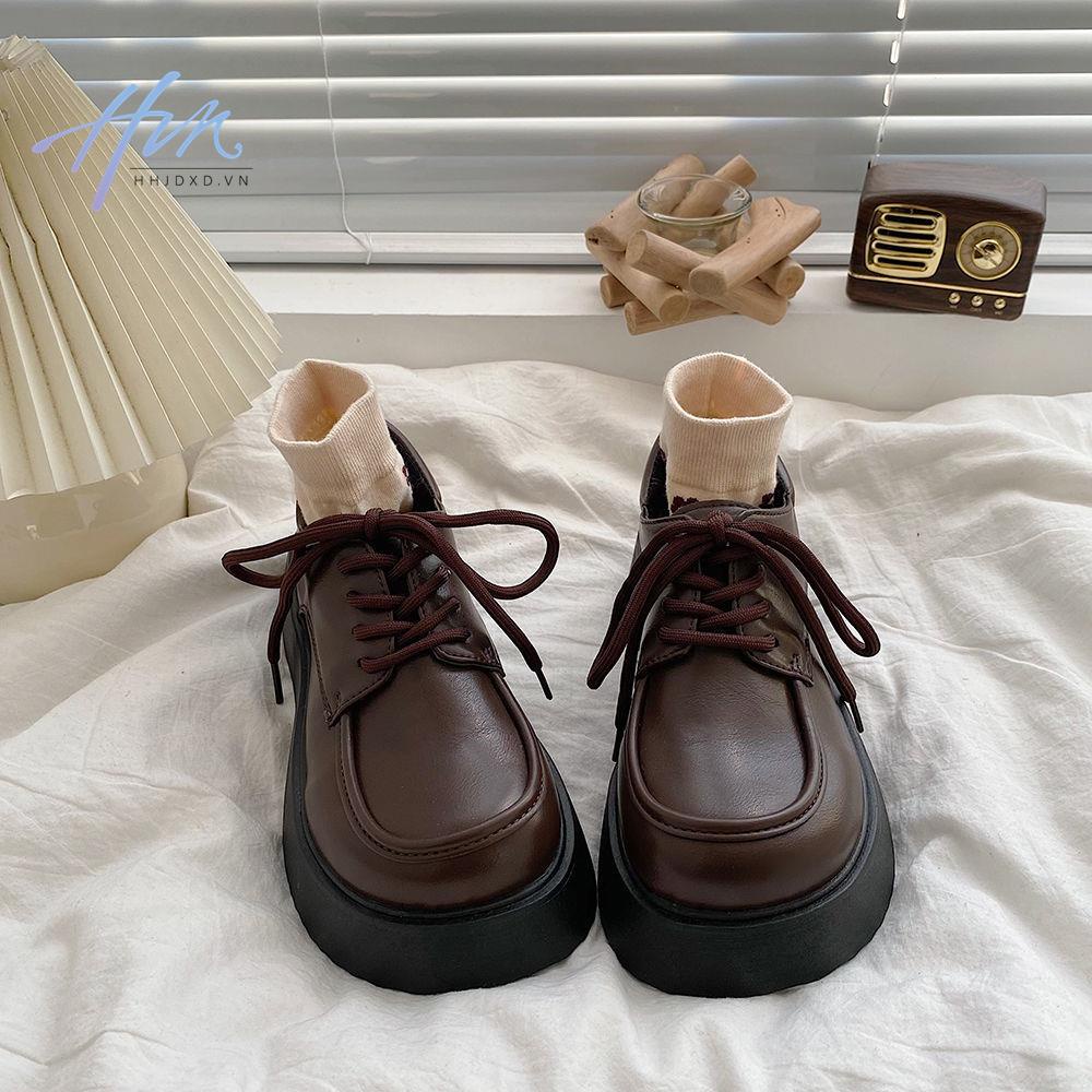 Giày Da Mũi Tròn Đế Dày Buộc Dây Kiểu Anh Thời Trang Xuân Hè 2022 Cho Bạn Gái