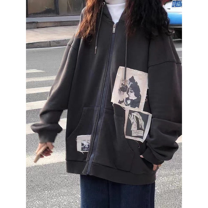 Áo khoác hoodie zip nữ dày dặn màu xám nỉ bông đẹp thời trang thu đông 2022