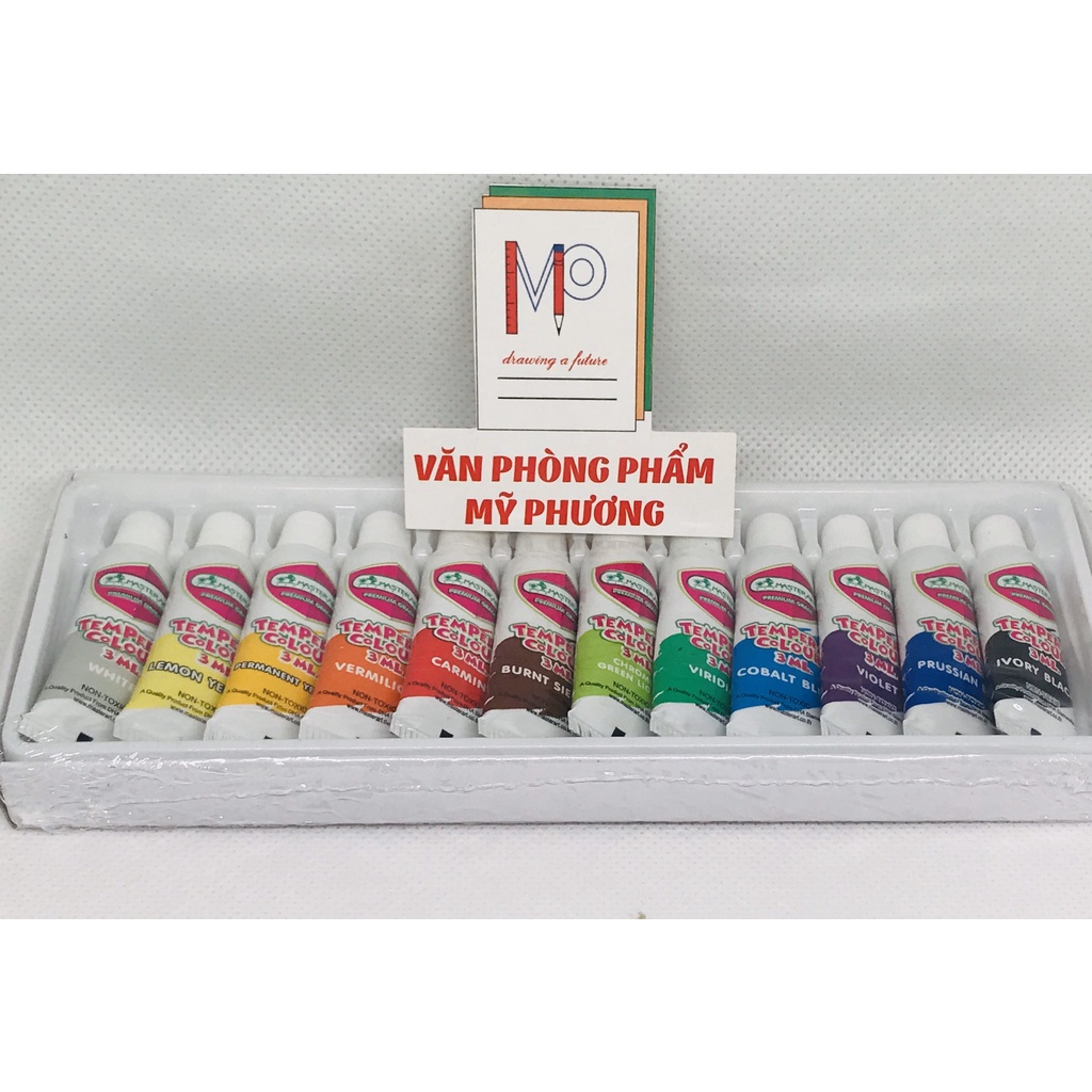 Màu nước dạng tuýp Master Art Tempera 12 màu 3ml (Thái Lan) màu nước hòa tan che phủ tốt