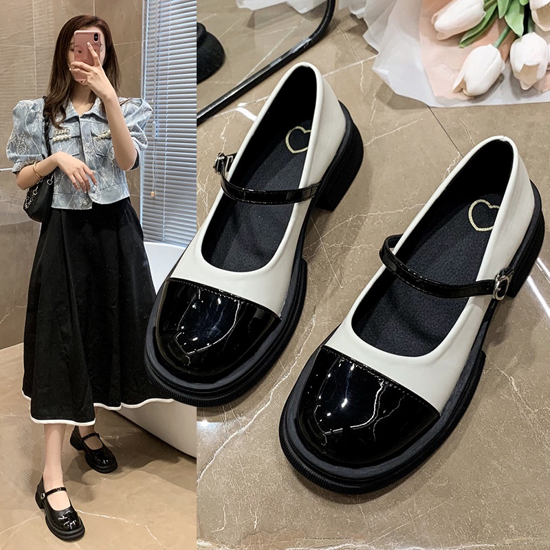 Giày búp bê nữ da mềm mũi vuông đế bệt đơn giản quai cài ngang màu đen/trắng