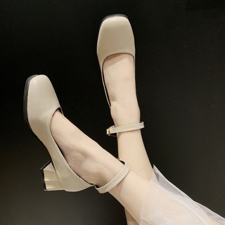 sẵn đen 37 Giày cao gót nữ mũi tròn gót vuông trẻ trung