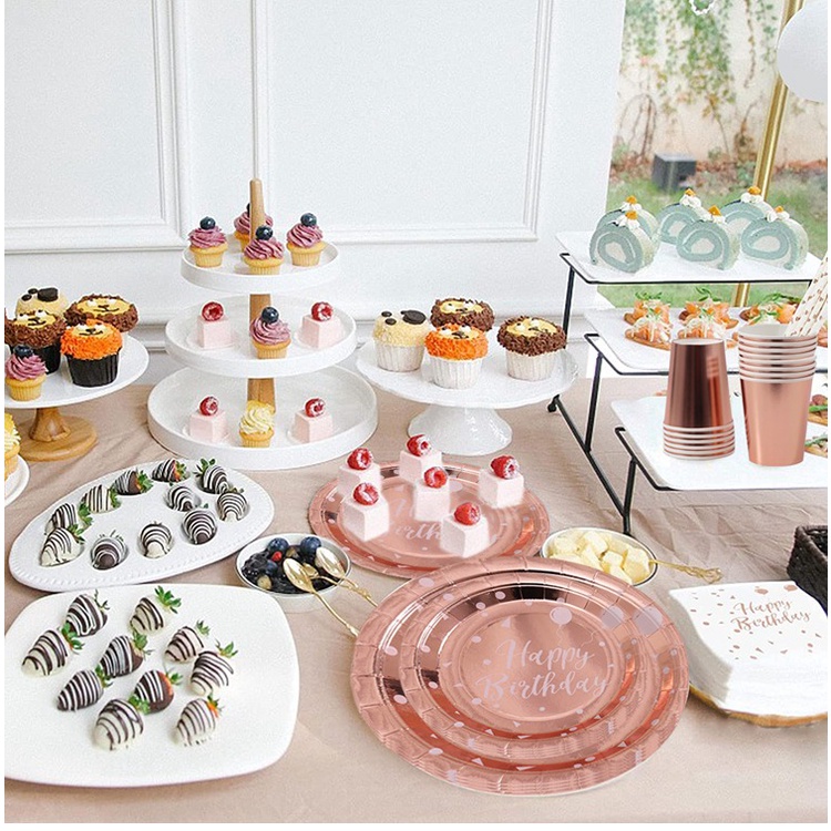 Set đĩa/ cốc/ khăn giấy màu vàng hồng dùng một lần cho tiệc cưới/ sinh nhật