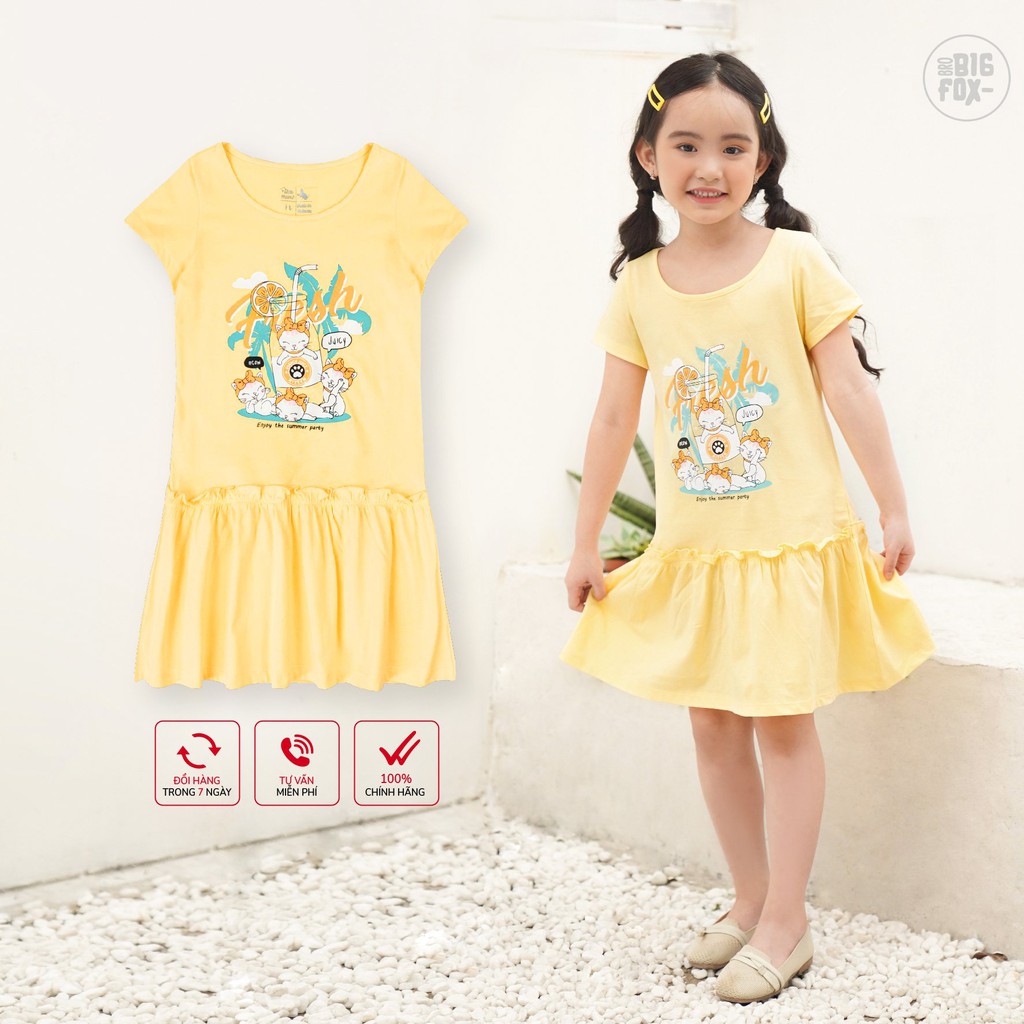 Đầm Cho Bé Gái Miss Meow Tới Size Đại . Váy Cotton Thun Trẻ Em Vàng In Hình Mèo