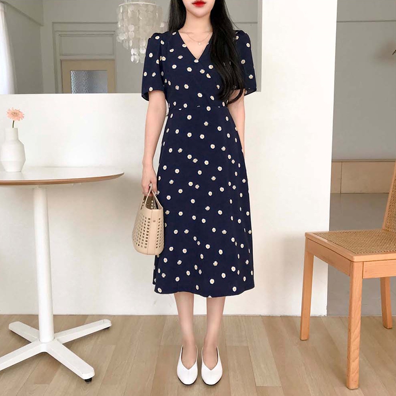 Korean S-XL Daisy Floral Women Chiffon Short Sleeve Summer Dress