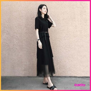 Set Váy Đen Dáng Dài Có Dây Buộc Eo Phong Cách Hàn Quốc