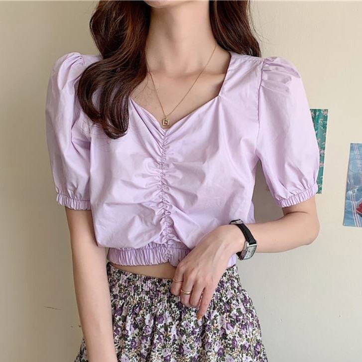 Áo kiểu nữ croptop tay ngắn bồng dáng ôm 2021, áo croptop nữ đẹp màu trắng, tím cổ V dúm ngực sang chảnh thời trang