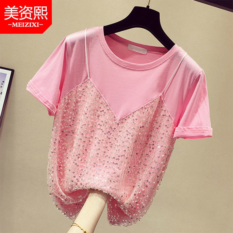 2022 spring and summer new large 200kg short sleeve T-shirt women's pure cotton Korean loose fake two-piece top bottomed shirt