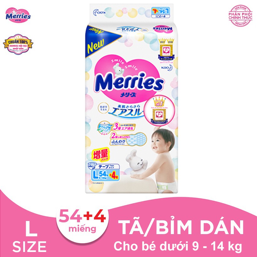 [Mã FMCGMALL giảm 8% đơn 250K] Tã/bỉm dán Merries size L - 54 + 4 miếng (Cho bé dưới 9-14 kg)